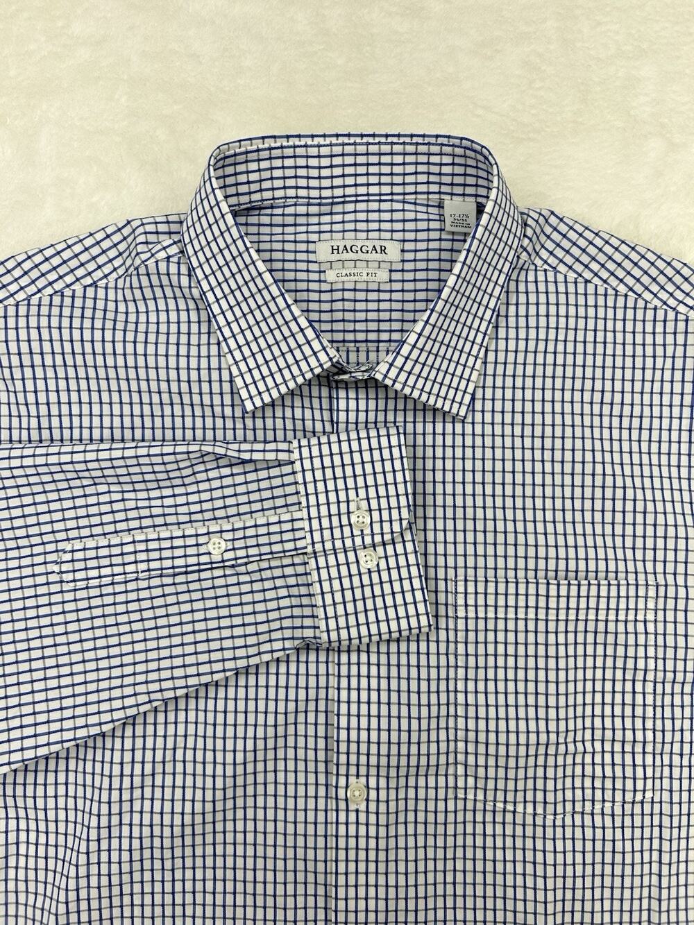 Haggar Classic Fit Mens Shirt 17-17 1/2 34/35 Long Sleeve Button Up Blue